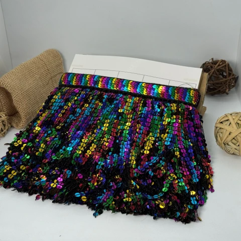 Бахрома танцювальна з паєтками «Серце танцю» 16 см (9.11 метр), 14 кольоровий чорний