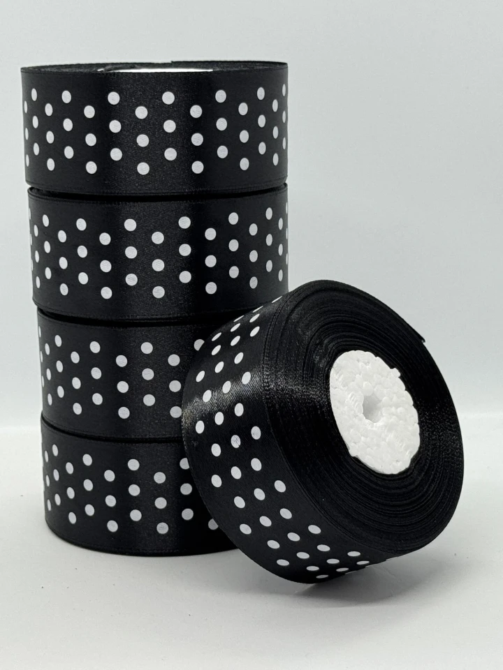 Атласна стрічка в горох 4 см (33 м.), 39 чорний + білий