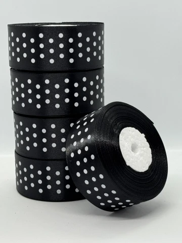 Атласна стрічка в горох 4 см (33 м.), 39 чорний + білий