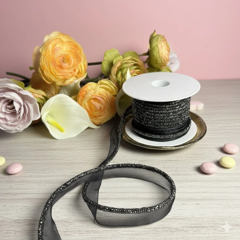 Стразовий кант 3.5 мм 6 рядів (15 м), чорний Black-hematite