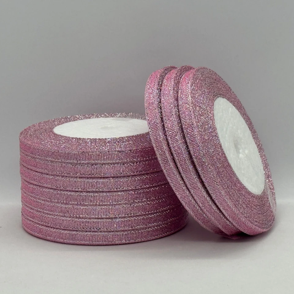 Тасьма парчева 0,6 см (25 ярдів/22,75 м.), 4 світло рожевий + срібло