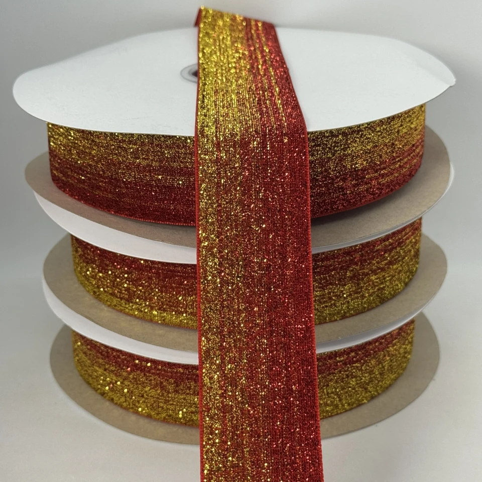 Оксамитова стрічка люрекс 3.8 см (25 ярдів/22,75 м.), 32 червоний + золото