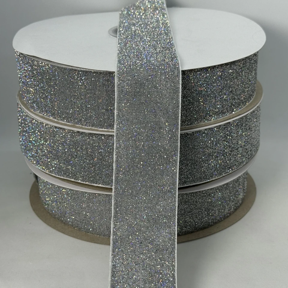 Оксамитова стрічка люрекс 3.8 см (25 ярдів/22,75 м.), 30 срібло АВ