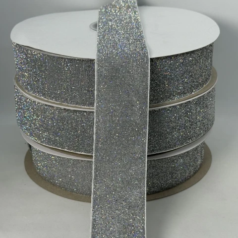 Оксамитова стрічка люрекс 3.8 см (25 ярдів/22,75 м.), 30 срібло АВ