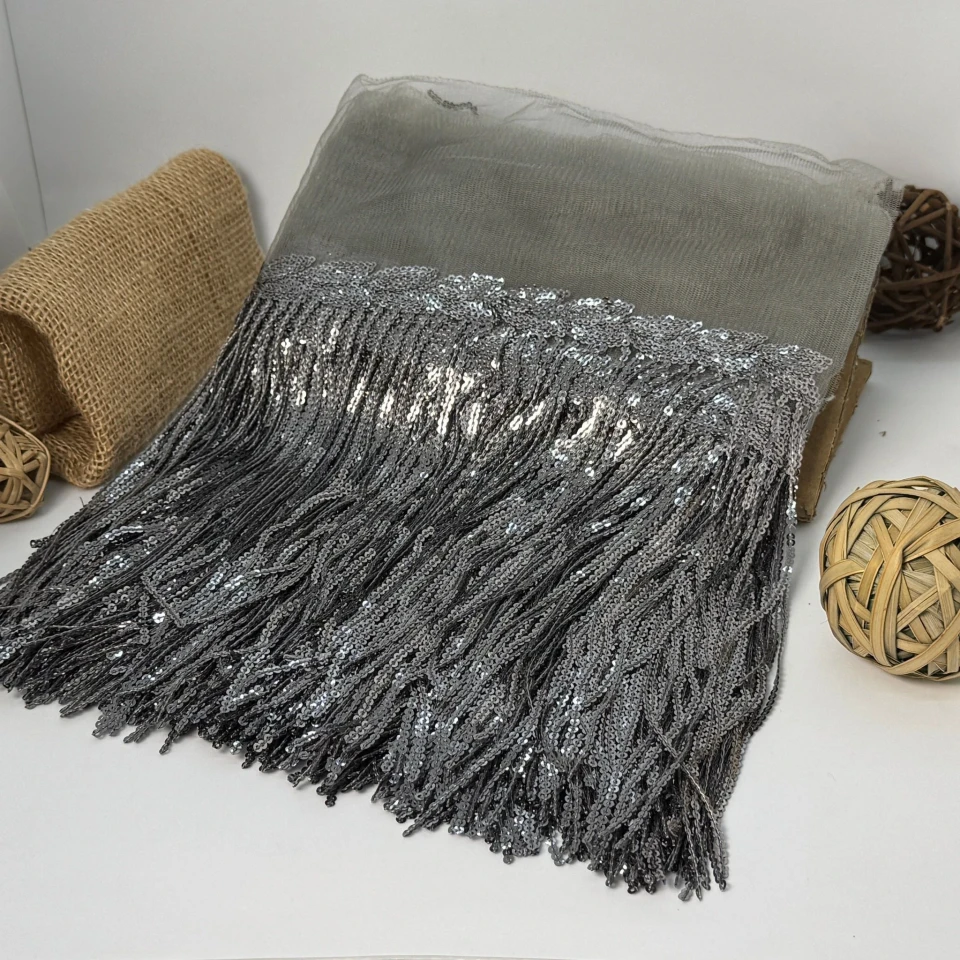 Бахрома танцювальна з паєткою на сітці «Іскри пристрасті» 20 см (9.1 метр), 3 сірий