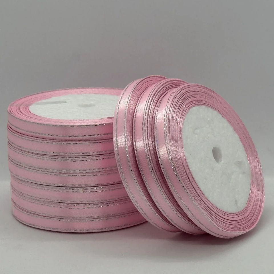 Атласна стрічка з люрекс 0,6 см+срібло (22.75 м.), 04 світло рожевий