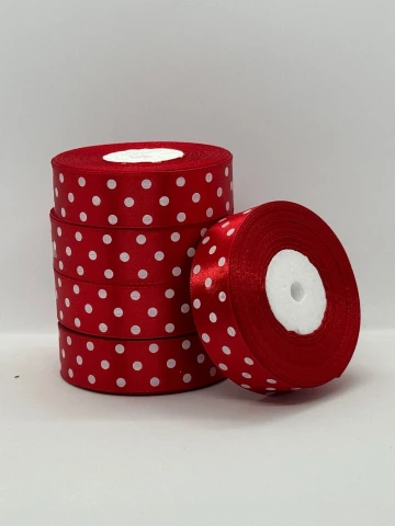 Атласна стрічка в горох 2.5 см (33 м.), 163 червоний + білий