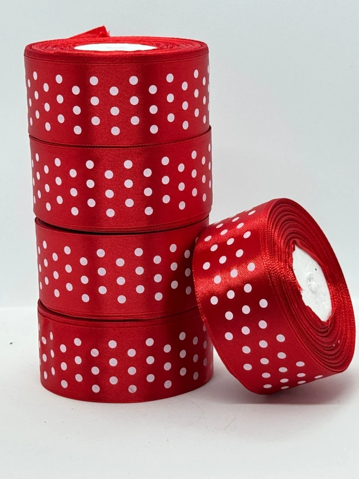Атласна стрічка в горох 4 см (33 м.), 163 червоний + білий