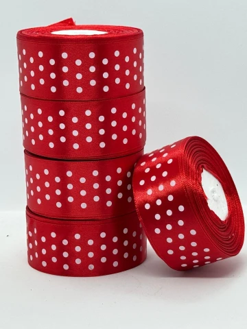 Атласна стрічка в горох 4 см (33 м.), 163 червоний + білий