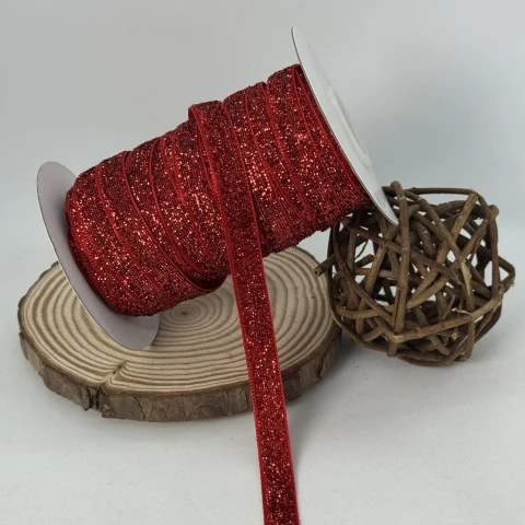 Оксамитова стрічка люрекс 1 см (25 ярдів/22,75 м.), 16 червоний