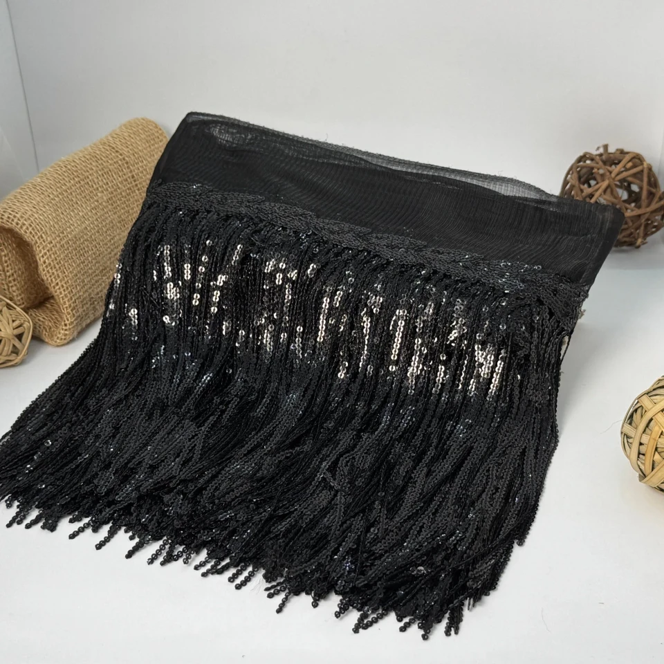Бахрома танцювальна з паєткою на сітці «Іскри пристрасті» 20 см (9.1 метр), 1 чорний