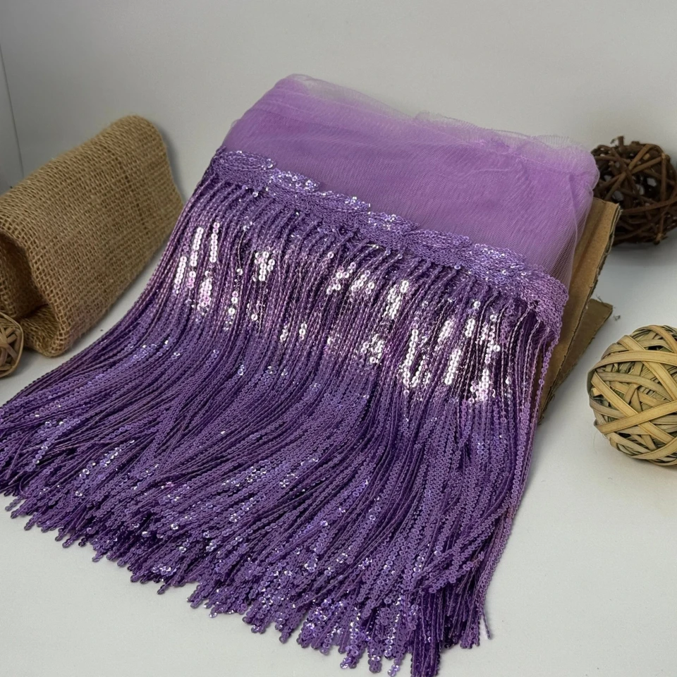 Бахрома танцювальна з паєткою на сітці «Іскри пристрасті» 20 см (9.1 метр), 34 фіалковий